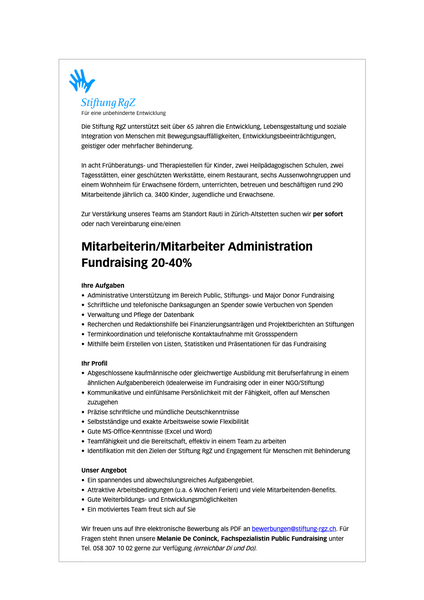 Jobs Stelle Mitarbeiterin/Mitarbeiter Administration Fundraising